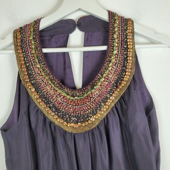 Anthropologie Dress Small Purple 100% Silk Sheath Beaded Statement Collar - Picture 3 of 11